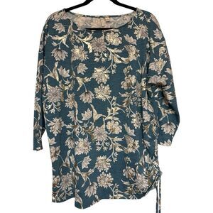 CATO Womens Top Teal Green Floral Leaf Gold Accents.Tie Side Length. Sz L